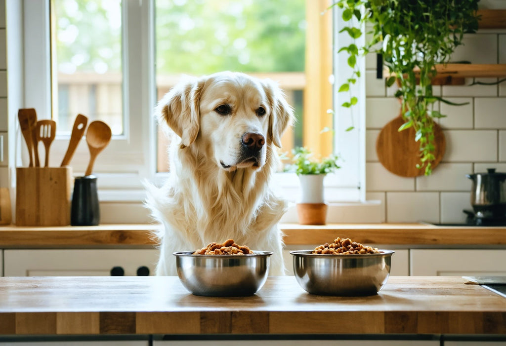 Golden retriever choosing between two bowls of freeze dried raw dog food in a bright, pet-friendly kitchen