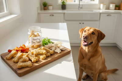 Happy dog waiting for healthy dog treats on a kitchen counter, perfect for rewarding good behavior
