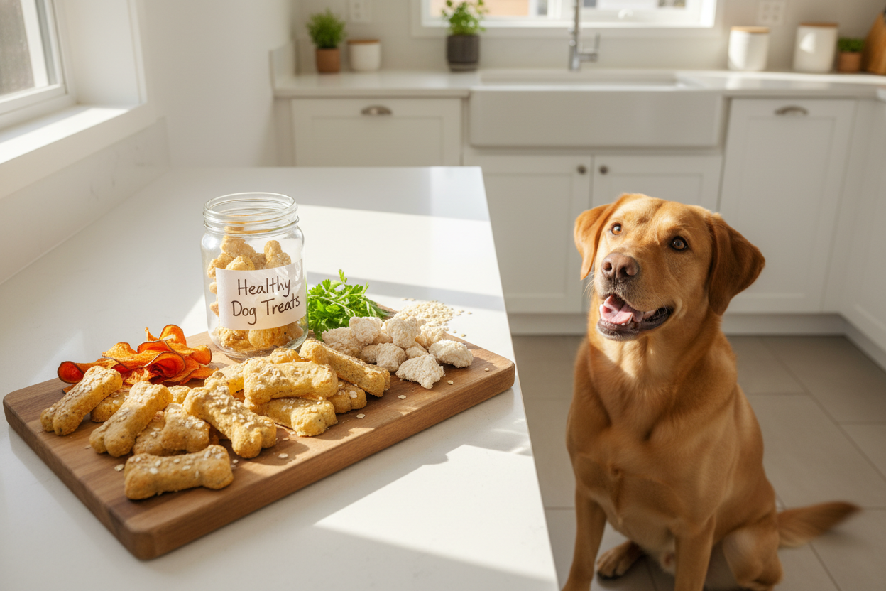 Happy dog waiting for healthy dog treats on a kitchen counter, perfect for rewarding good behavior