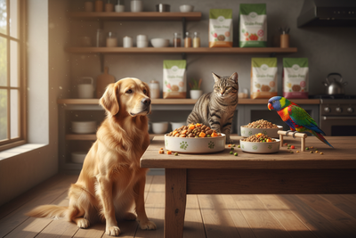 Happy pets enjoying healthy meals highlights grain free pet food benefits for dogs, cats, and birds