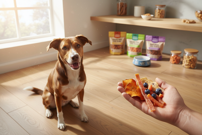 Happy dog waiting for the best dog treats with healthy snacks and treat bags in a bright kitchen