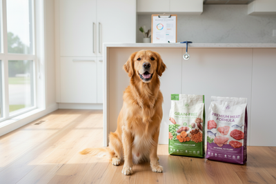 Happy golden retriever sitting by grain free dog food benefits products in a bright modern kitchen