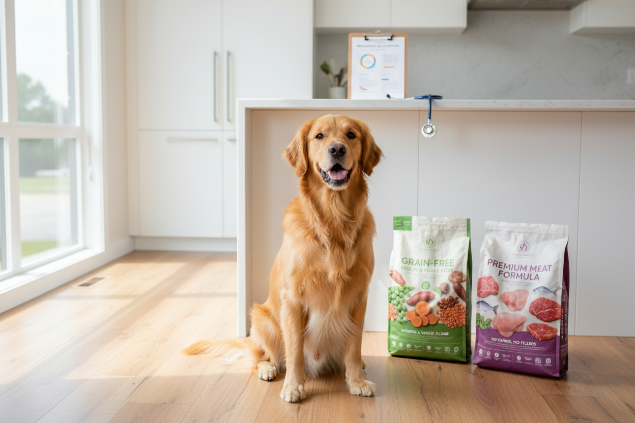 Happy golden retriever sitting by grain free dog food benefits products in a bright modern kitchen