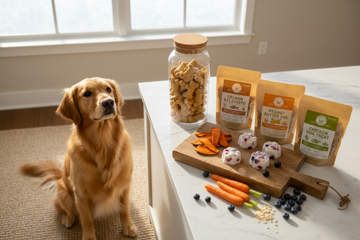 Golden retriever sitting by a counter with healthy dog treats, carrots, blueberries, and natural ingredients