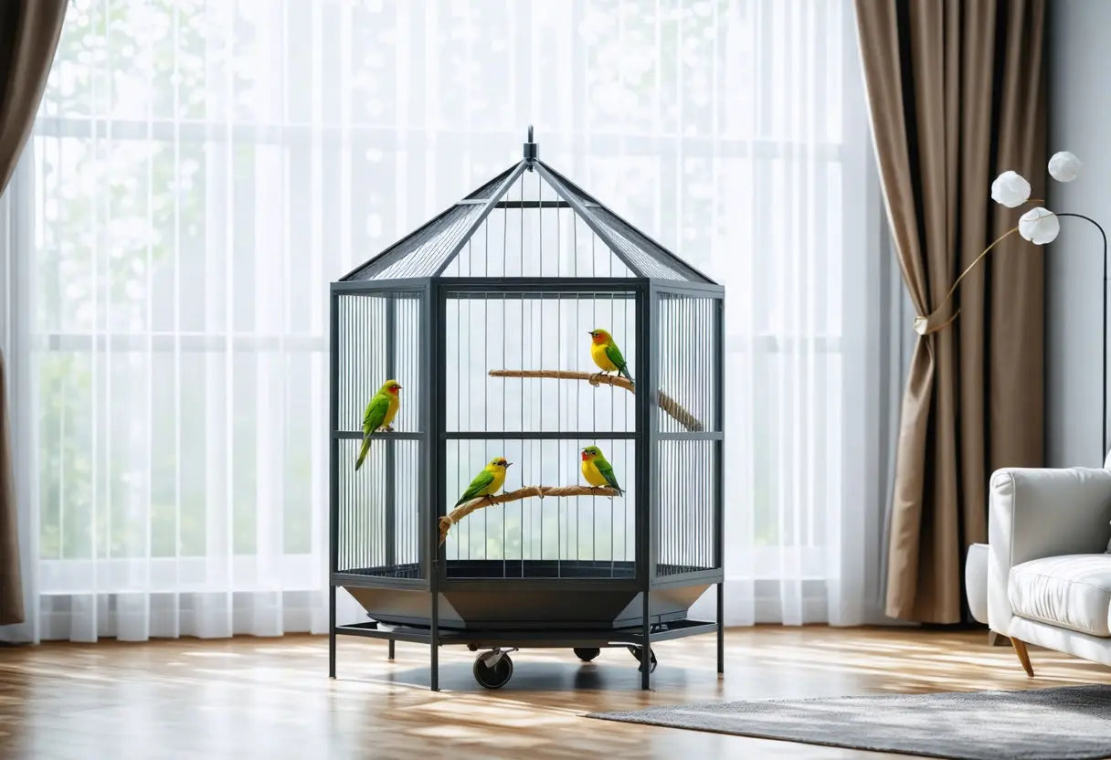 Spacious hexagon aviary cage with colorful birds, offering a safe and enriching home for your feathered friends