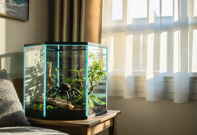 Hexagon tarantula enclosure with natural plants and wood, creating a cozy home for your pet spider