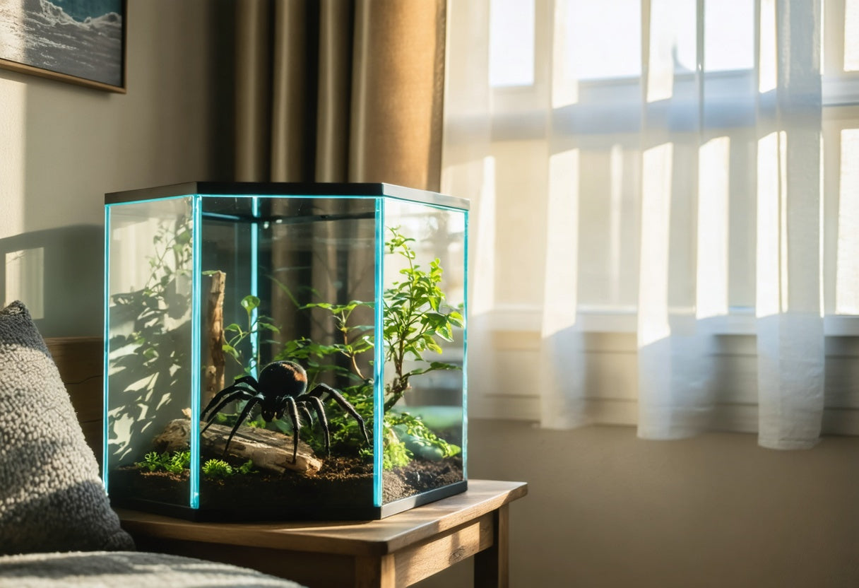 Hexagon tarantula enclosure with natural plants and wood, creating a cozy home for your pet spider