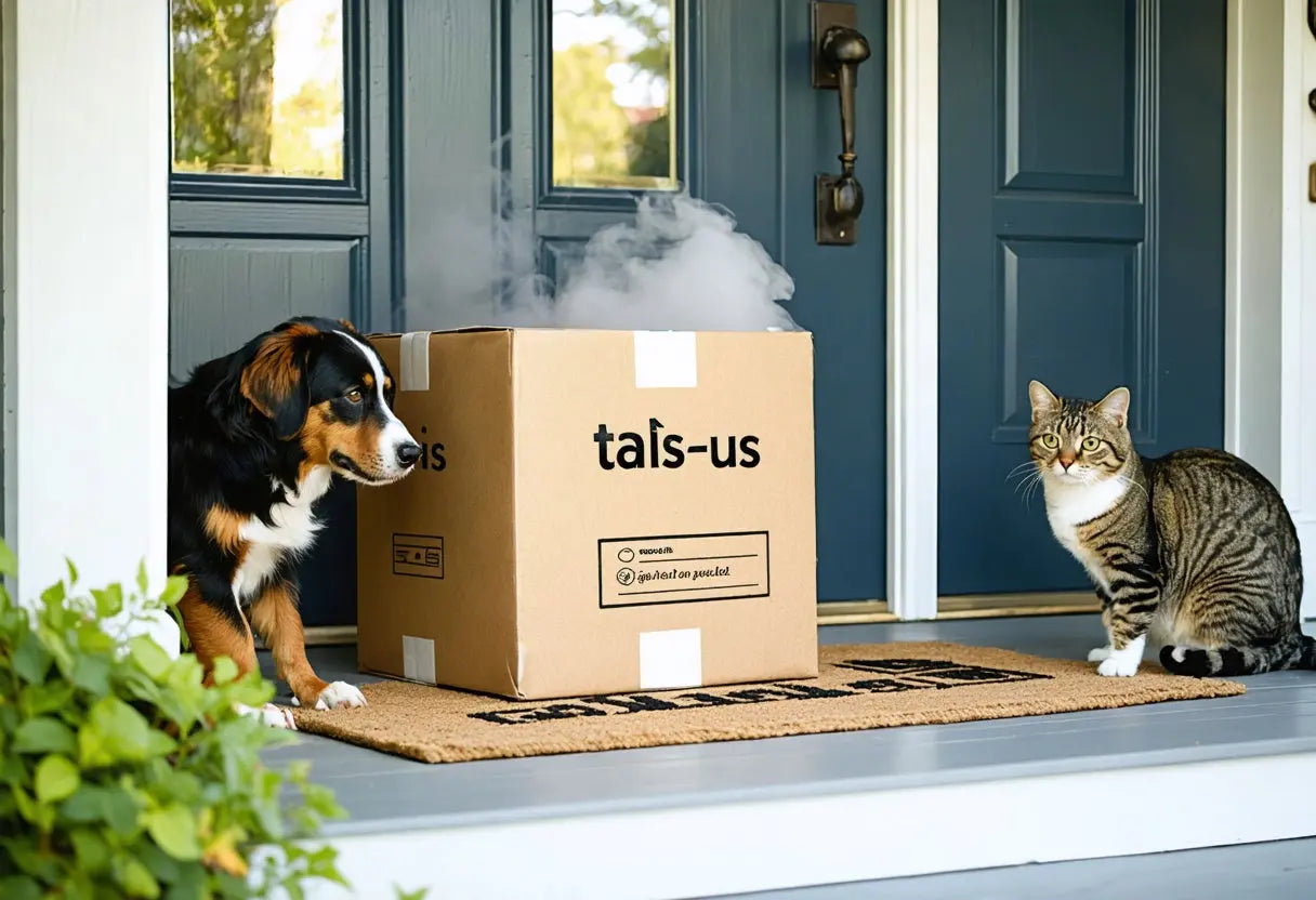 Happy dog and cat waiting by a Talis-us box, showcasing high-quality pet food and fast shipping