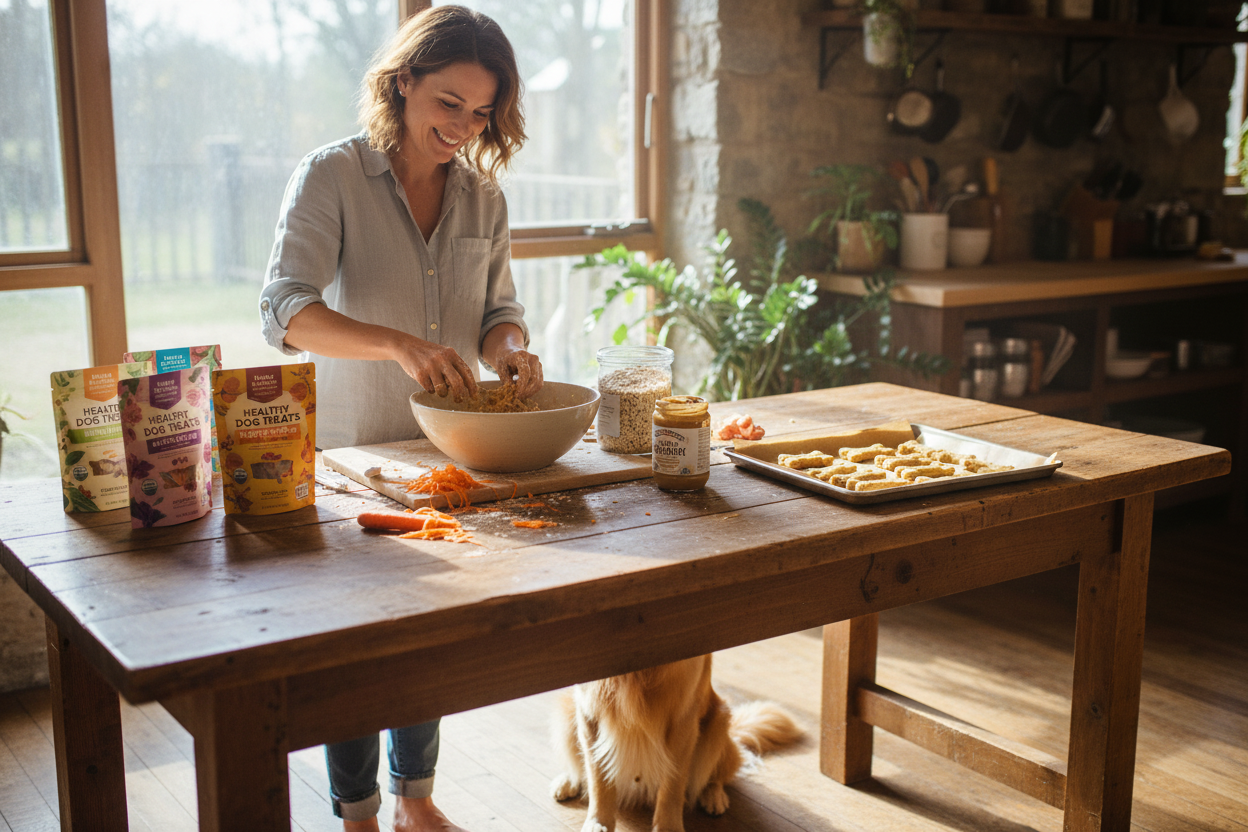 Woman preparing healthy dog treats at home with natural ingredients and packaged treats on the table