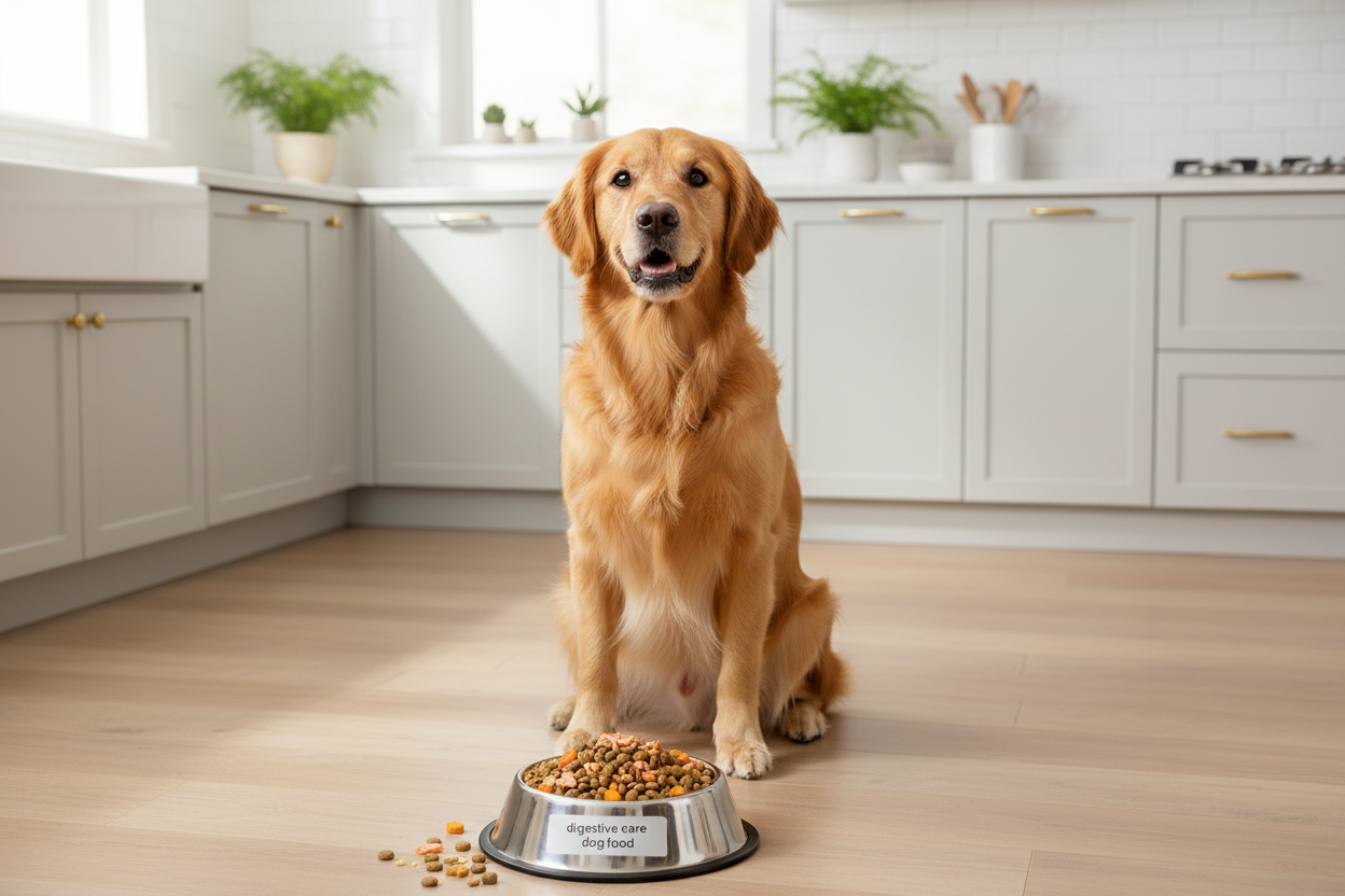 Golden retriever sitting in a kitchen with a bowl of digestive care dog food for healthy pet nutrition