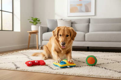 Golden retriever playing with colorful plush dog toys on a cozy rug for interactive pet fun