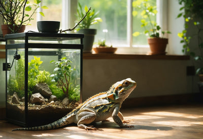 Happy bearded dragon basking by a sunlit terrarium, supporting your care journey and how long do bearded dragons live.