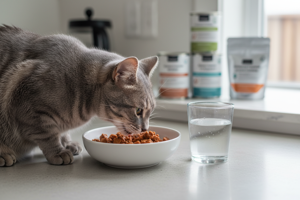 Tabby cat eating low phosphorus cat food from a bowl with water, promoting kidney health diets