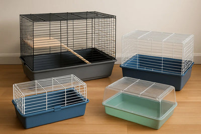 A variety of small animal cages showcasing different sizes and styles. Alt: Small animal cage options with appropriate sizing for pets.