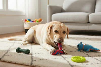 Labrador chewing durable dog toys for chewers on a living room rug with other toys nearby