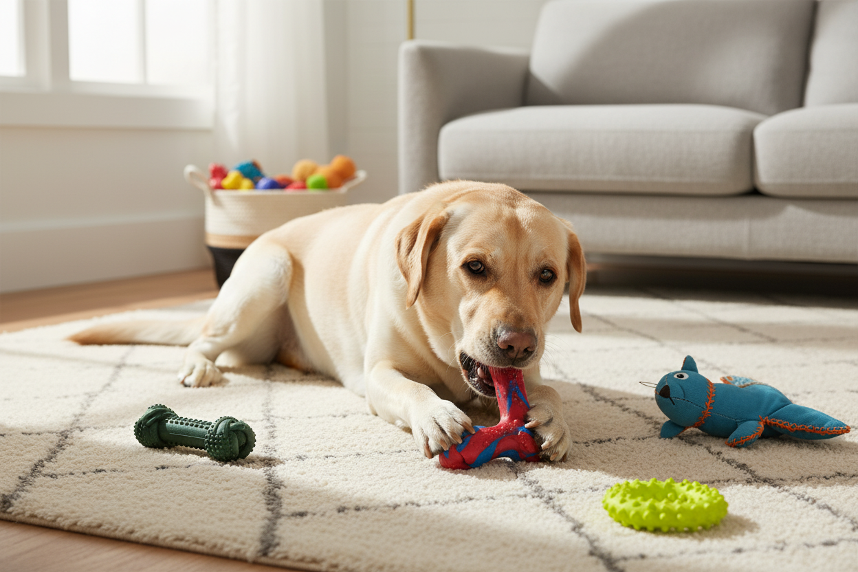 Labrador chewing durable dog toys for chewers on a living room rug with other toys nearby