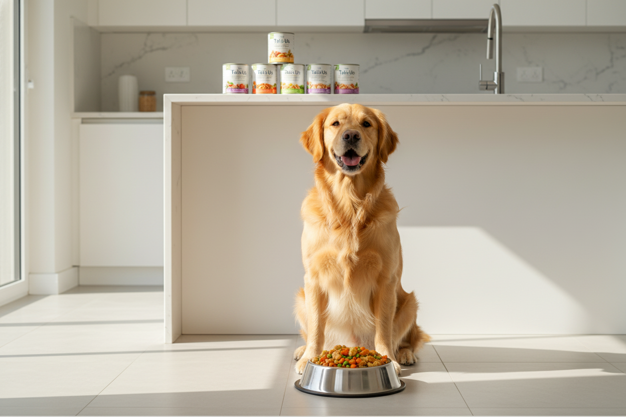 Happy dog enjoying talis us wet dog food in a modern kitchen, showcasing premium pet nutrition options