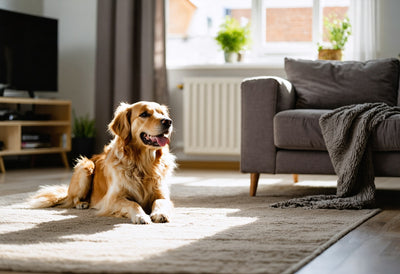 Happy golden retriever lounging on a clean rug, showing the benefits of dog deshedding tools for your home