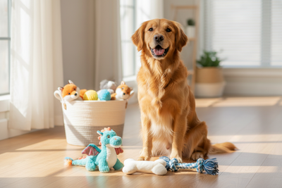 Golden retriever with the best plush dog toys including a dragon and bone in a sunlit living room