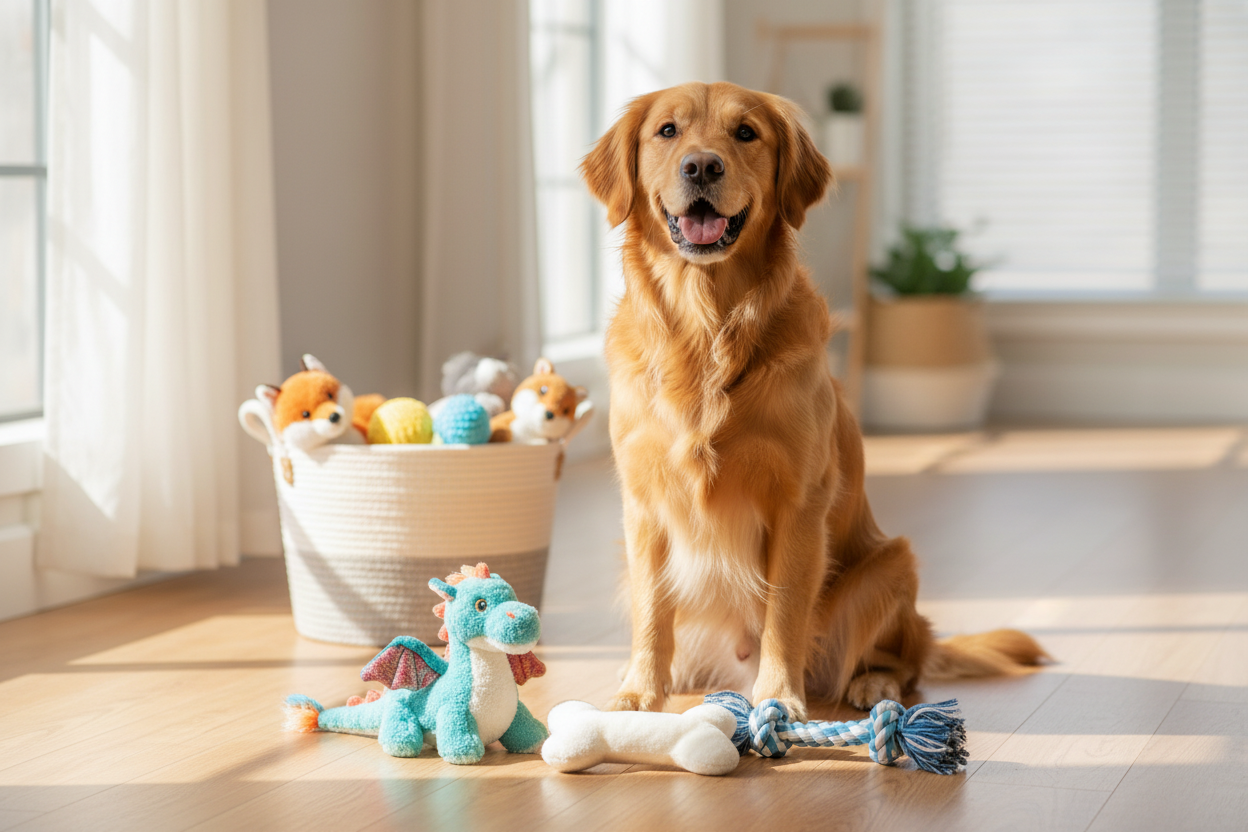 Golden retriever with the best plush dog toys including a dragon and bone in a sunlit living room