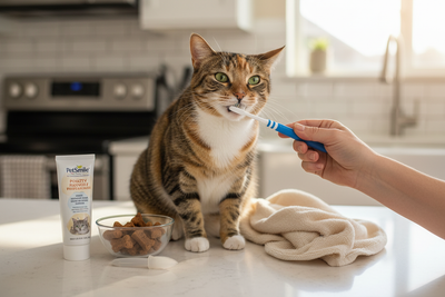 Cat receiving dental care with toothbrush and treats, promoting easy dental care for cats at home