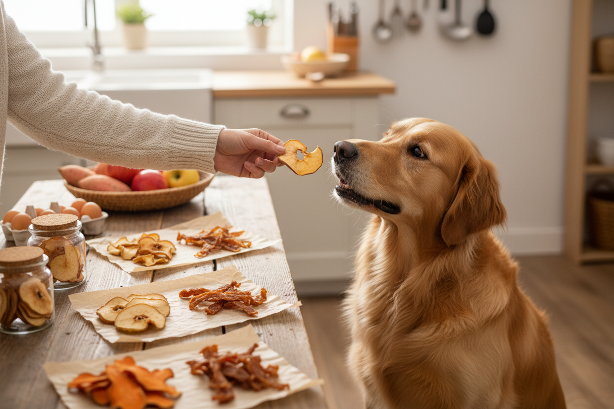 Homemade single ingredient dog treats being offered to a golden retriever for a healthy snack option