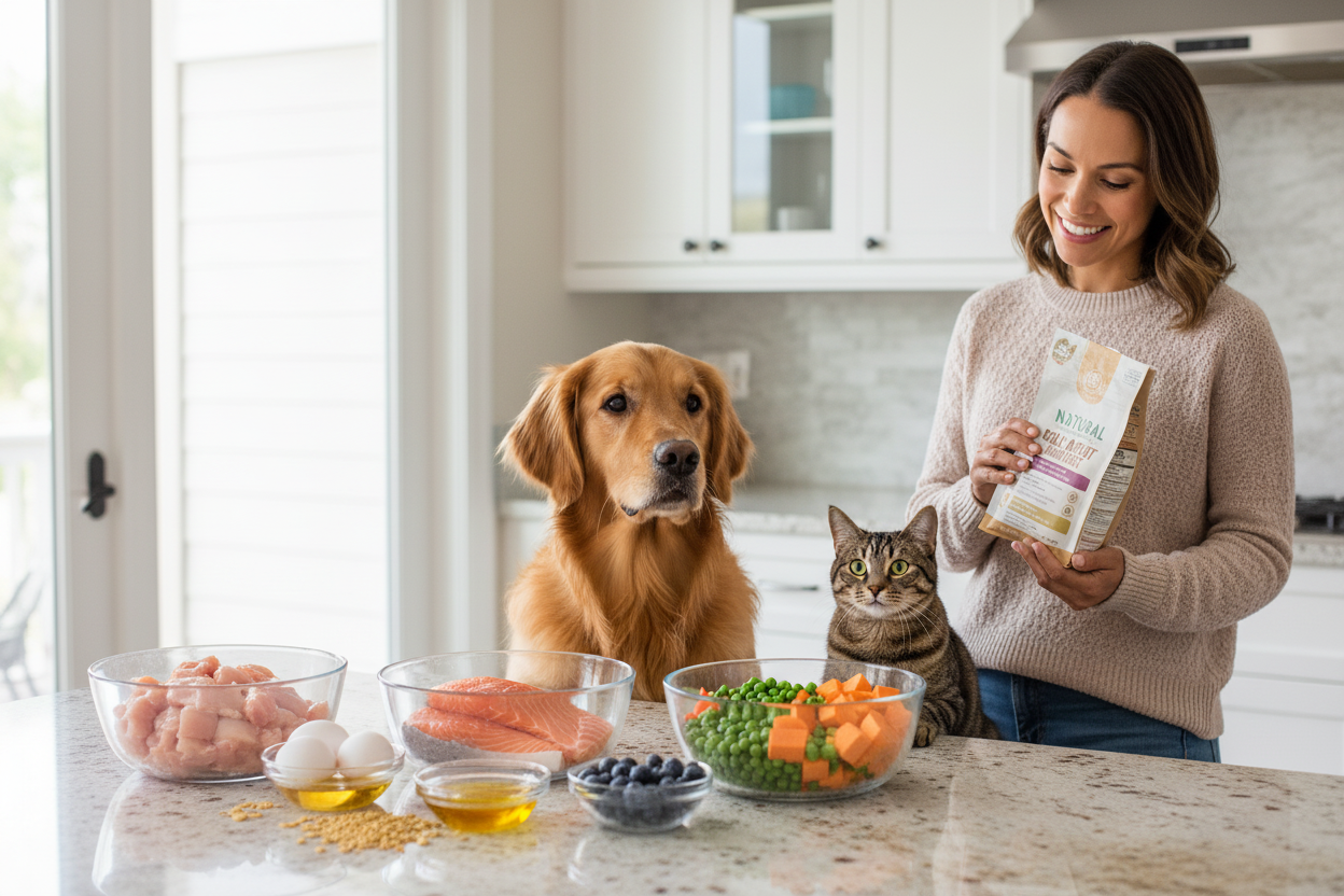 Woman with dog and cat in kitchen showcasing natural pet food ingredients for healthy meals