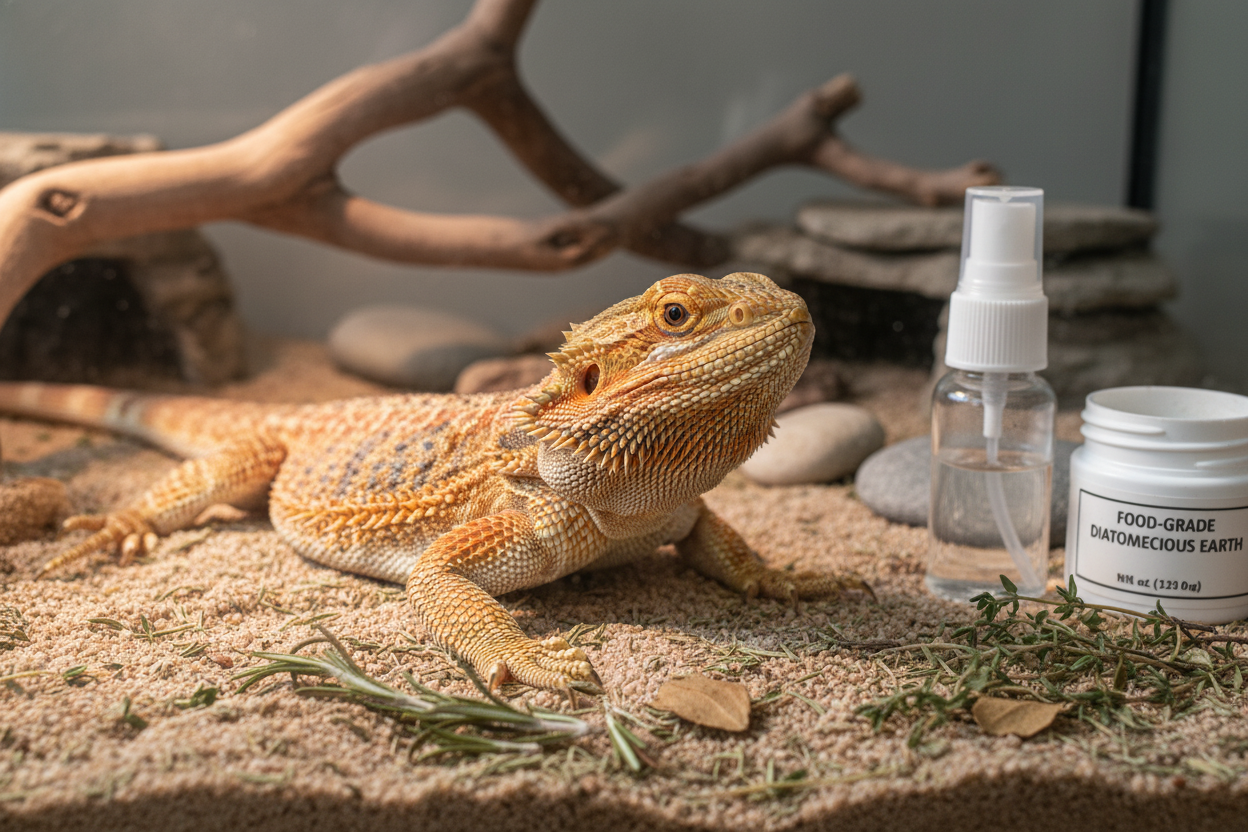 Bearded dragon with natural reptile mite treatment options for a healthier, mite-free habitat