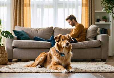 Happy dog wearing a rechargeable bark collar relaxes in a cozy home while you enjoy peace of mind