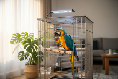 Colorful parrot enjoys bird UVB lighting benefits in a spacious cage for optimal health and well-being