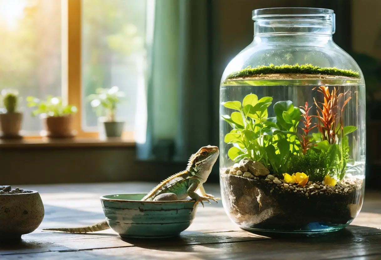 Lizard’s favorite food choices in a sunlit room with fresh greens and a cozy habitat nearby