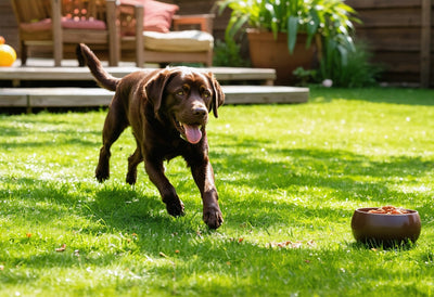 Happy dog running toward a bowl of freeze dried nutrition in a sunny backyard, supporting your pet’s vitality