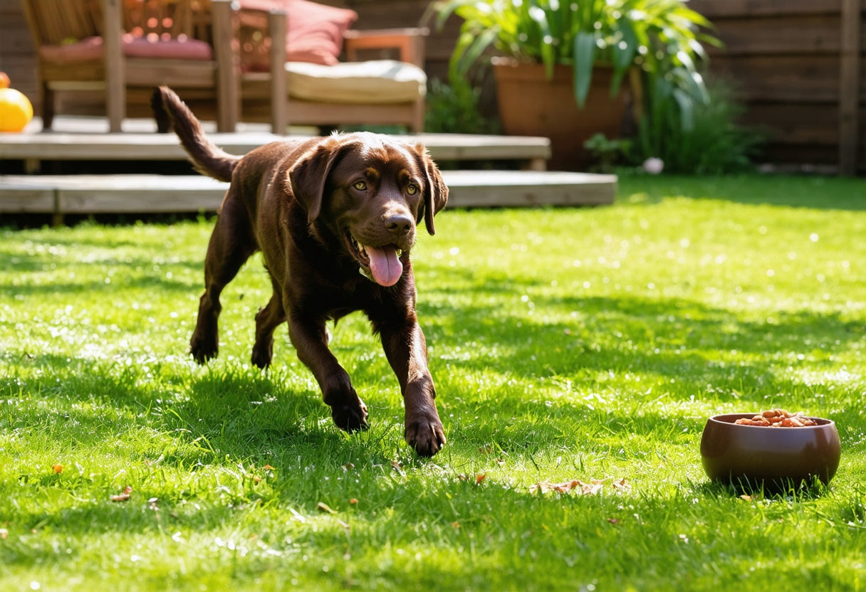 Happy dog running toward a bowl of freeze dried nutrition in a sunny backyard, supporting your pet’s vitality