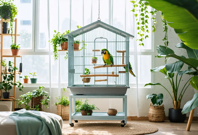 Must-Have Specialty Pet Products for Diverse Pet Care for Birds in a spacious, enriching indoor bird cage with natural perches