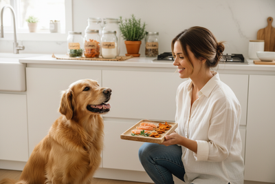 Woman offering natural dog treats to a happy golden retriever in a bright kitchen setting