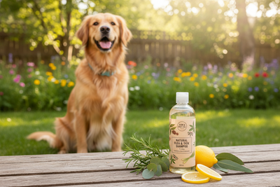 Happy dog outdoors with natural flea tick shampoo for dogs, fresh lemon and herbs for gentle pet care