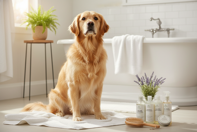 Golden retriever sitting in a bathroom beside natural pet grooming products and a grooming brush