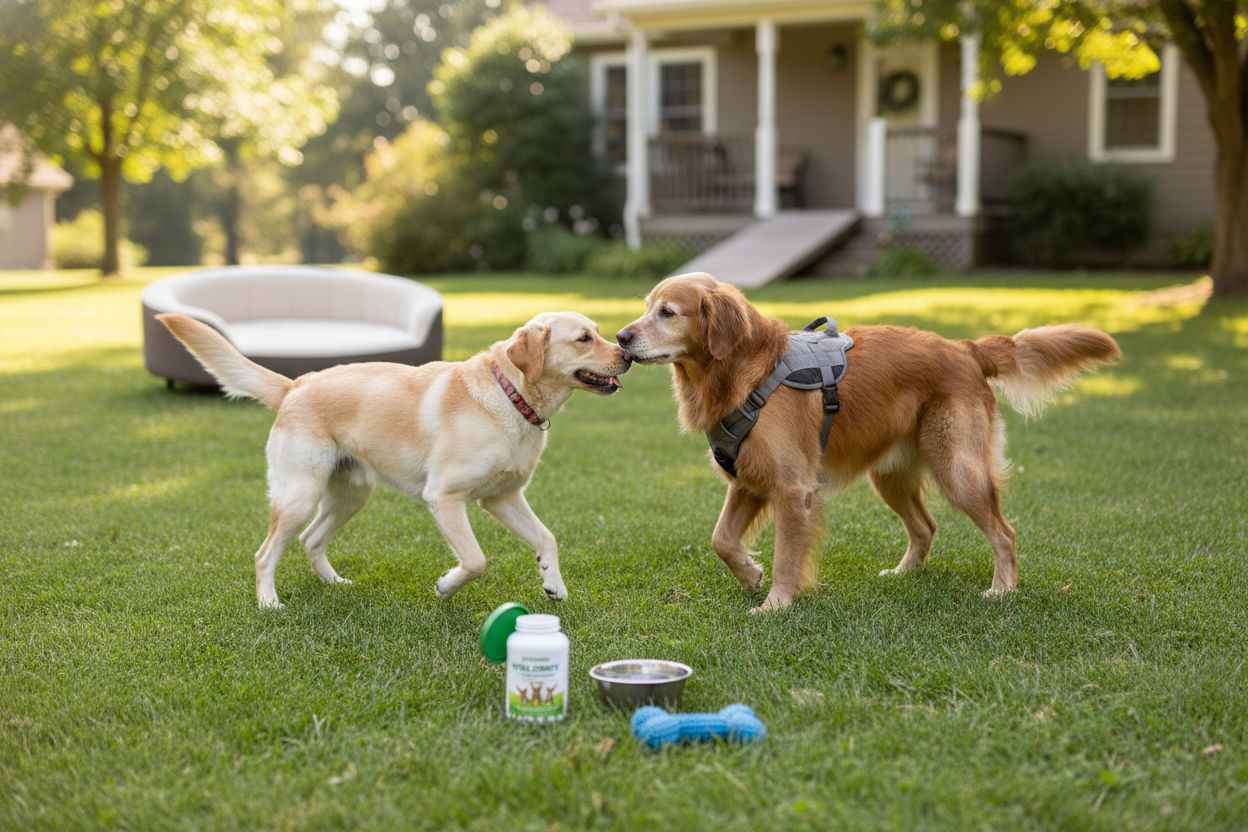 Active dogs playing outdoors with joint health supplements for dogs and toys in the grass