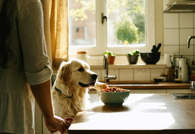 Golden retriever eagerly enjoying a bowl of nutritious oc raw dog food in a sunlit kitchen with owner nearby