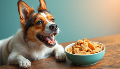 Happy dog eating freeze-dried chicken from a bowl