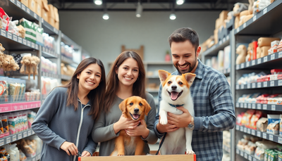 A happy family shopping together in an online pet store