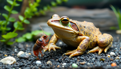 American bullfrog eating a cricket in a terrarium