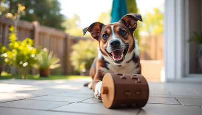 Dog playing with interactive puzzle toy in sunny backyard