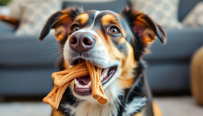 A dog happily chewing on natural dental treats
