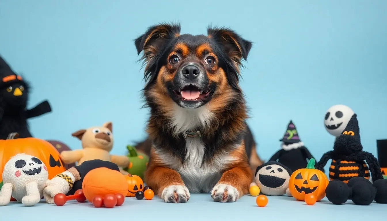 Dog surrounded by Halloween-themed toys