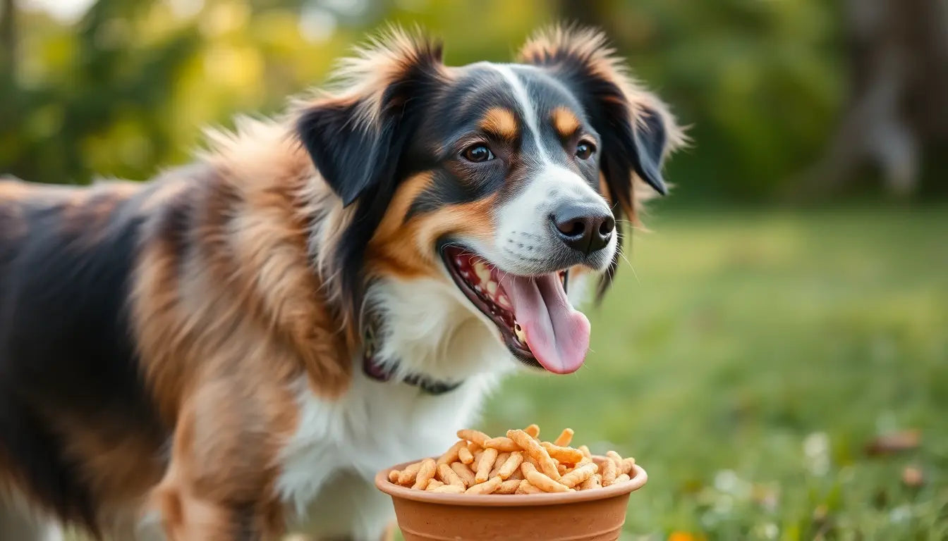 A healthy dog enjoying natural pet food outdoors