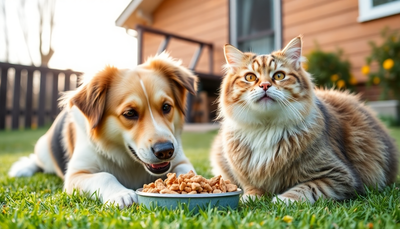 A dog and cat enjoying freeze-dried pet food outdoors