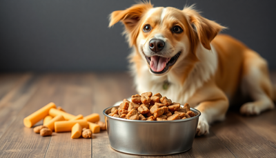 A bowl of high protein wet dog food with a happy dog