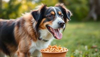 A healthy dog enjoying natural pet food outdoors