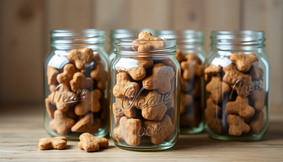 Homemade freeze-dried dog treats in glass jars